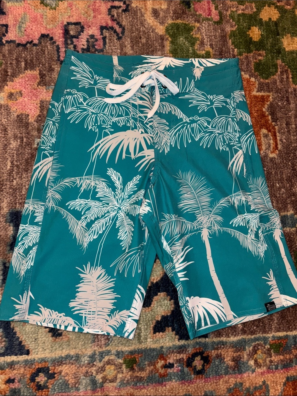 Men's Teal Palm-Print Swim Board Shorts with Drawstring